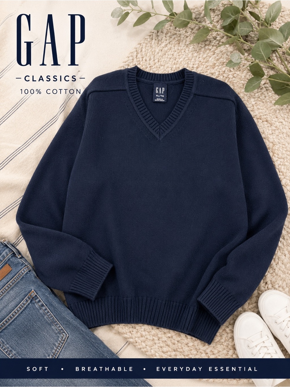 GAP Men's Dark Navy V-Neck Cotton Sweater